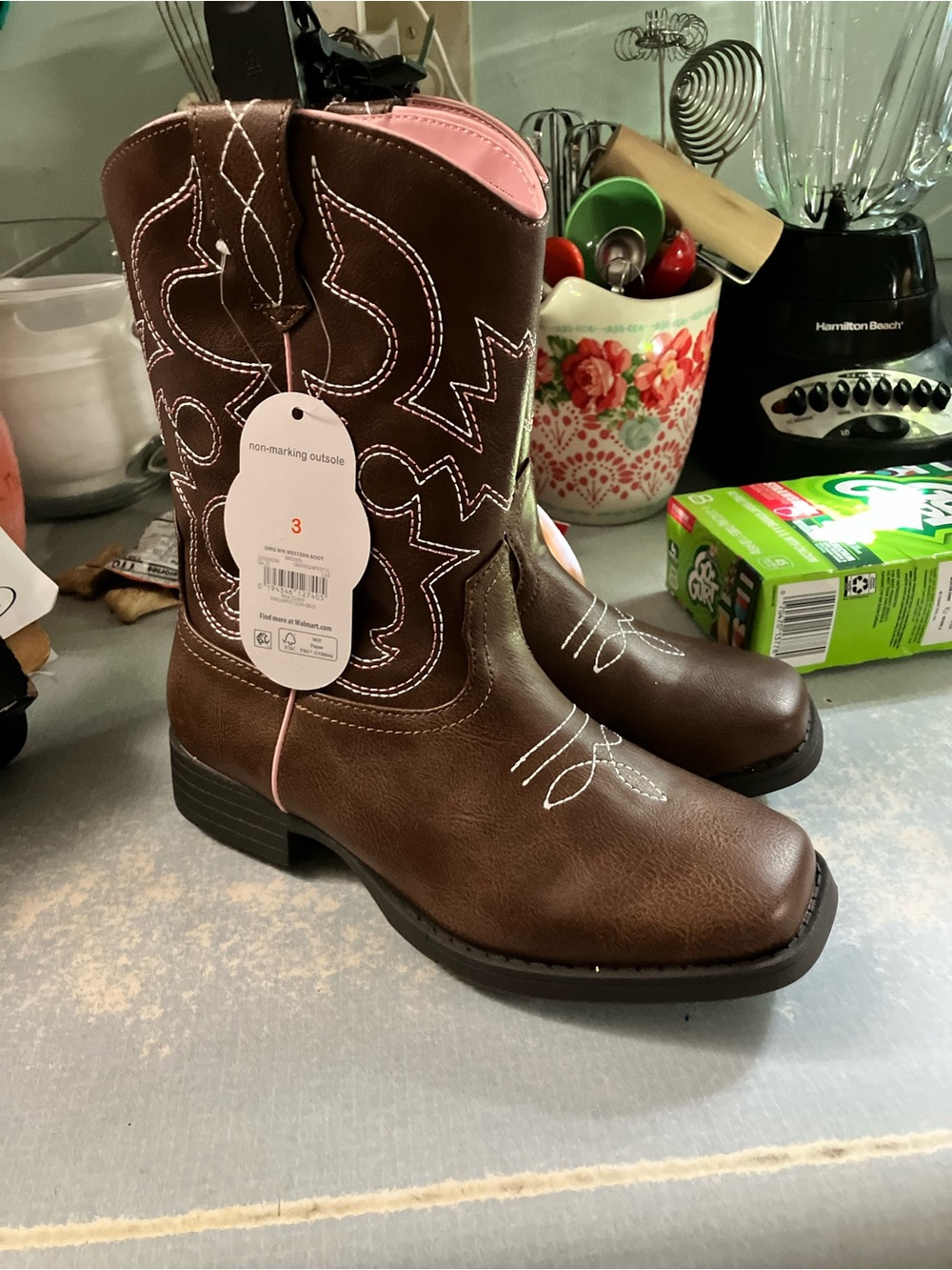 wonder nation Brown Cowboy Boots with Pink Lining for Kids